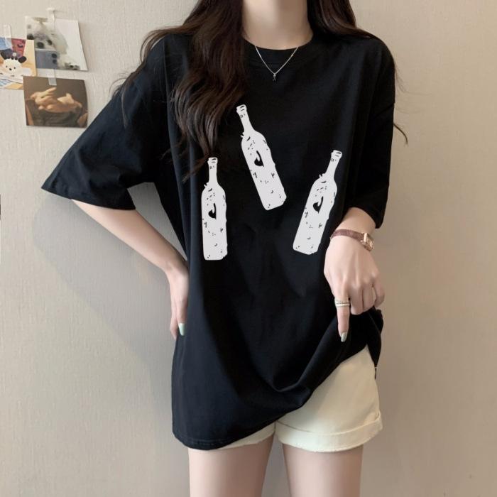 

Хлопковая футболка с принтом, летняя, с коротким рукавом, женская, свободного кроя S чёрный