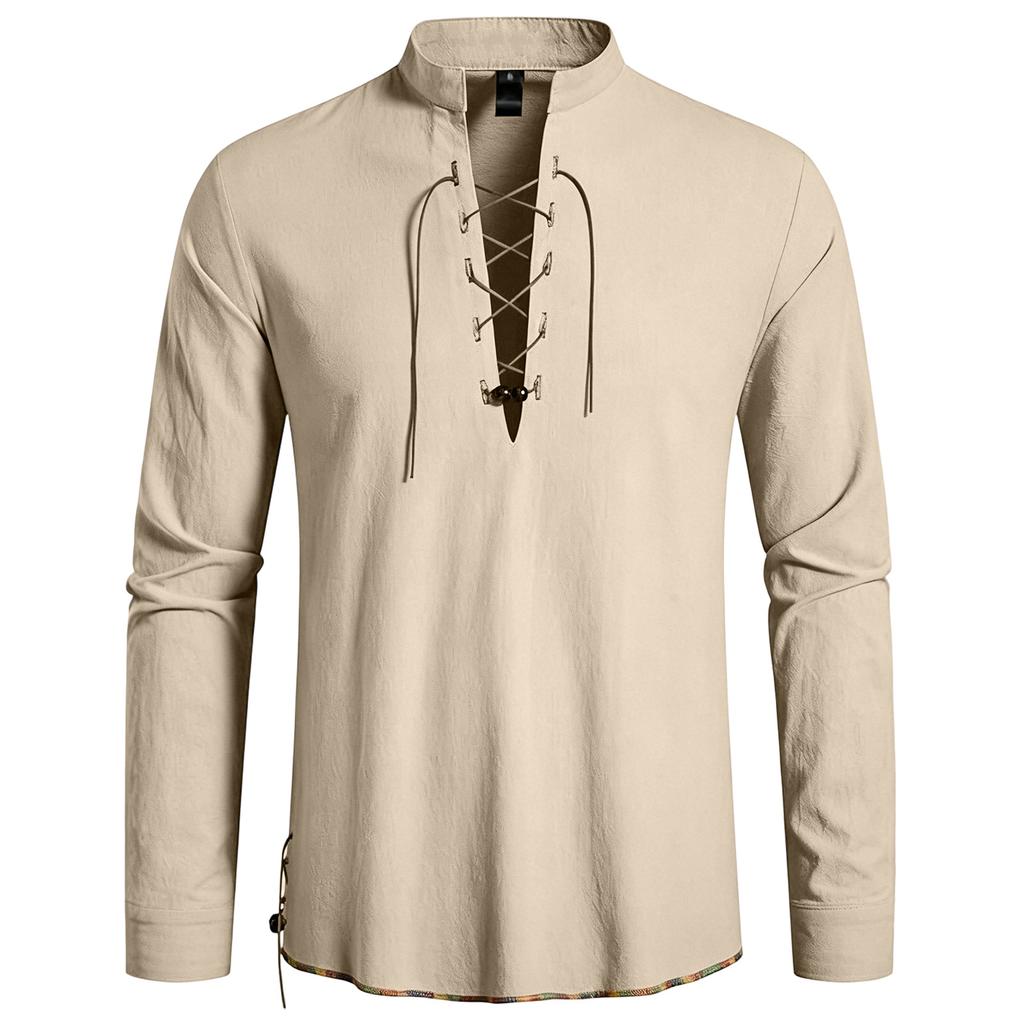 Men's Casual Hippie Style Drawstring Collar Long Sleeve Shirt Cotton Linen Blend Lightweight Comfortable Top for Everyday Wear