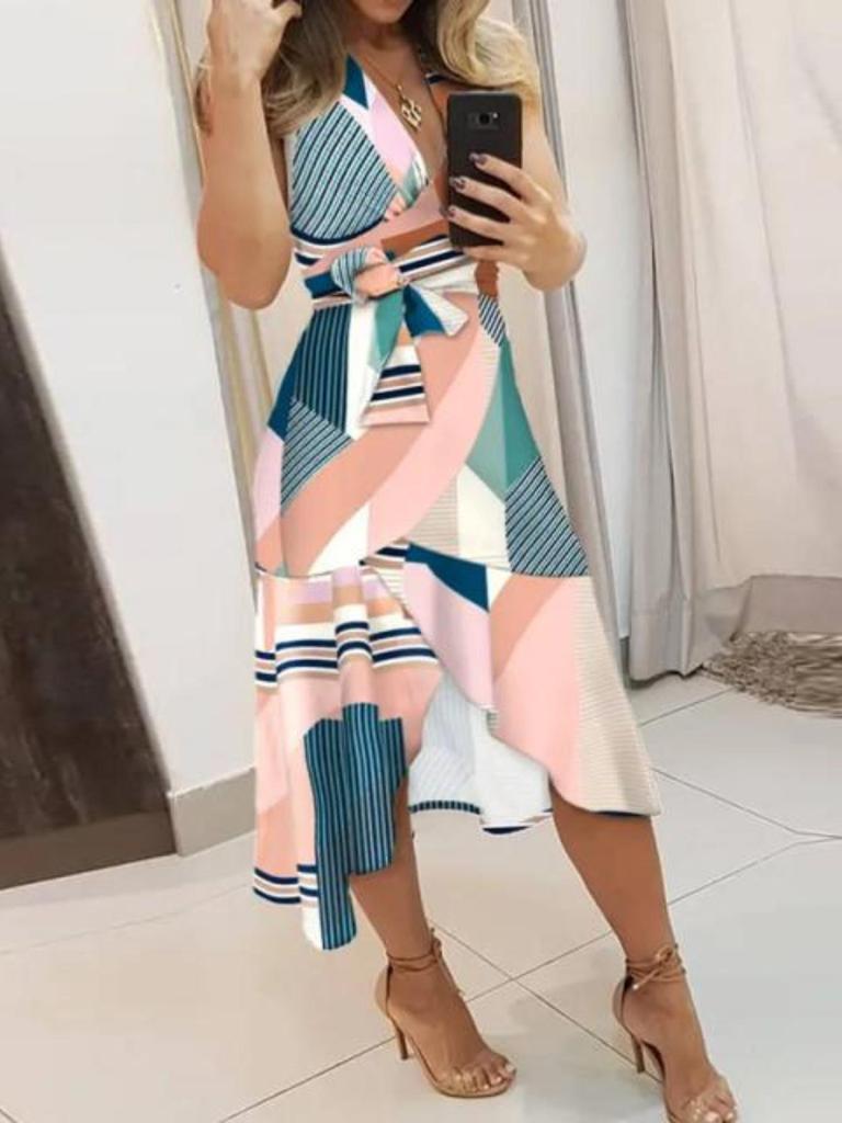 Abito con Scollo a V e Stampa Floreale Vestibilità Aderente Vita Alta Abito Asimmetrico Elegante Abiti Senza Maniche Casual Donna