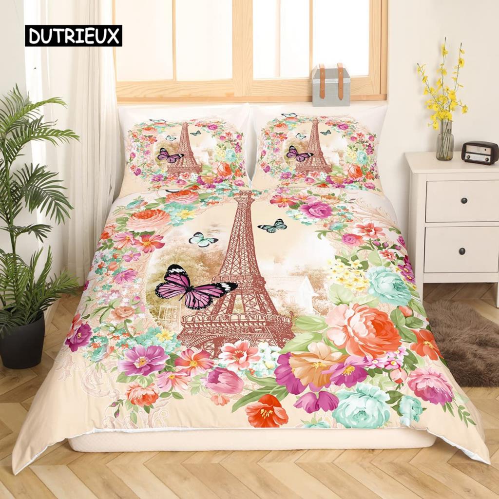 Valentine Day King Queen Duvet Cover Paris Eiffel Tower Bedding Set Pink Watercolor Tulips Flowers Balloon Polyester Quilt Cover