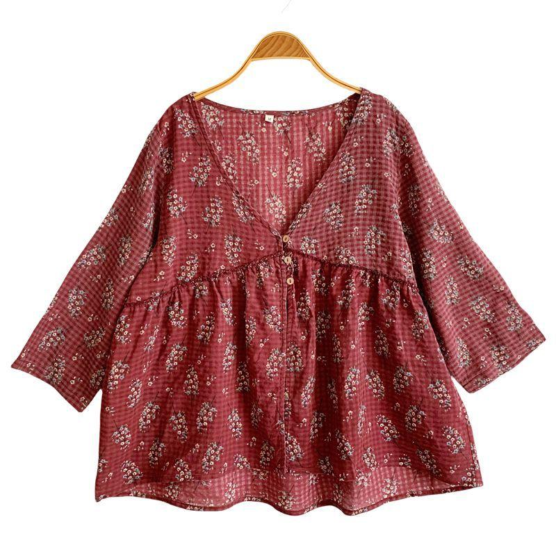 

Johnature Женская футболка с весенним принтом, V-образным вырезом, повседневная, винтажная, модная, в винтажном китайском стиле, ретро M красный