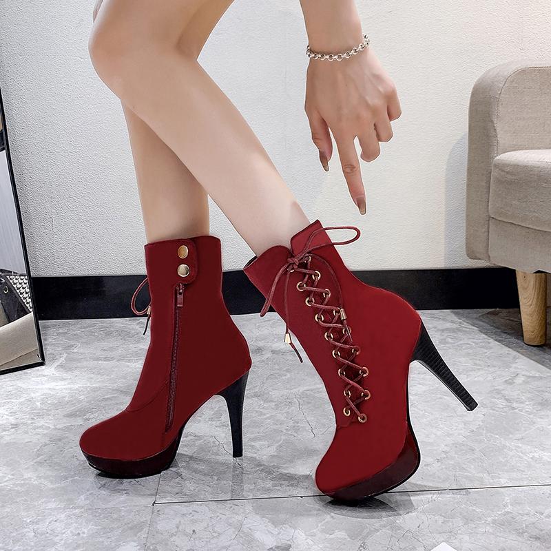 Size35-43 Punk Women Ankle Boots Zip Lace Up Pointe Toe High Heel Chelsea Pumps 11cm Wedding Party Woman Shoes High Heels Sexy