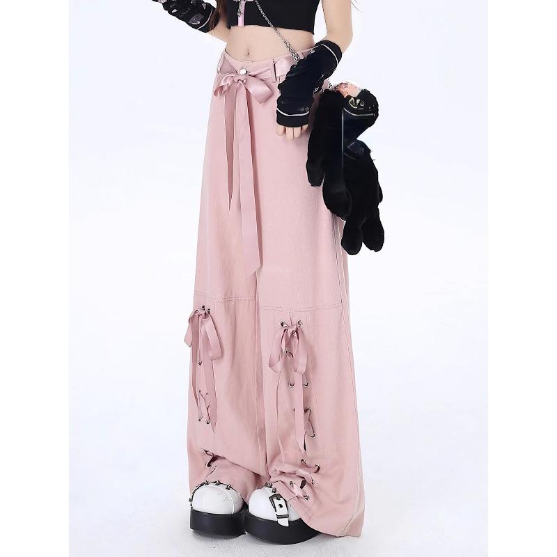 Women Lace-up Pink Jeans Baggy Harajuku 90s Aesthetic Denim Trousers Y2k Oversize Wide Cowboy Pants Vintage 2000s Trashy Clothes