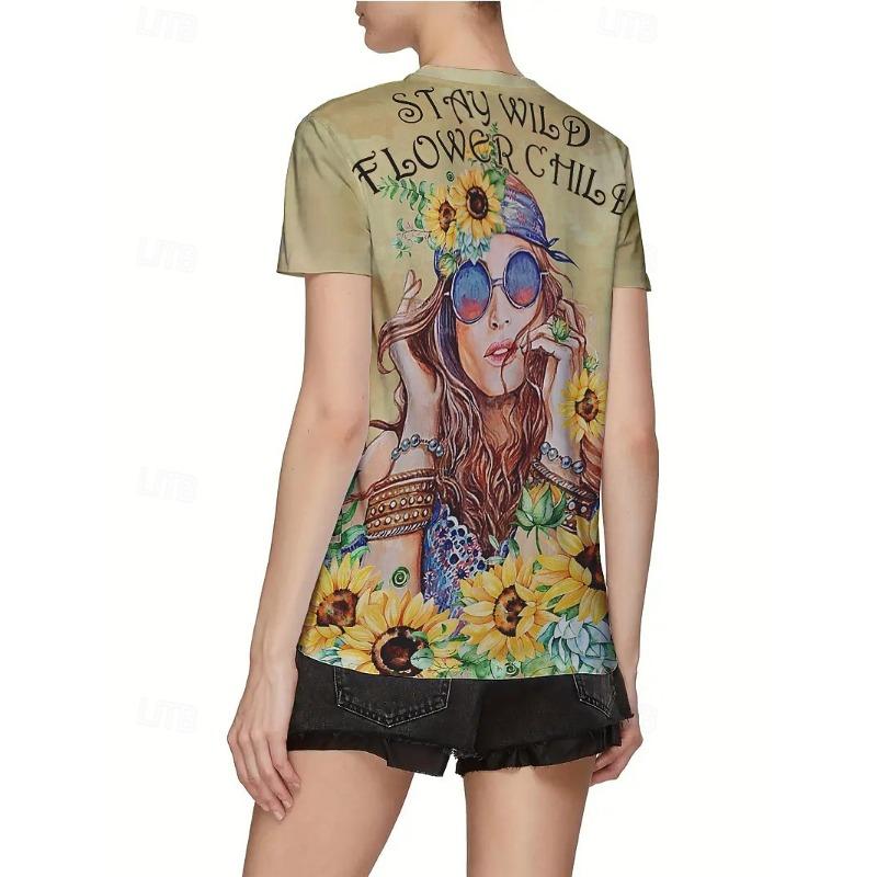 Women's T Shirt Summer Tops Print Graphic Sunflower Short Sleeve Crew Neck Crop Tops Summer