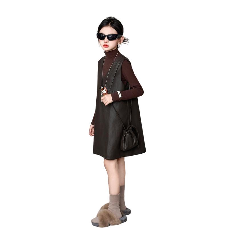 Mädchen 2025 Herbst Lederrock & Weste Kleid Set - Lässiges Zweiteiler-Ensemble