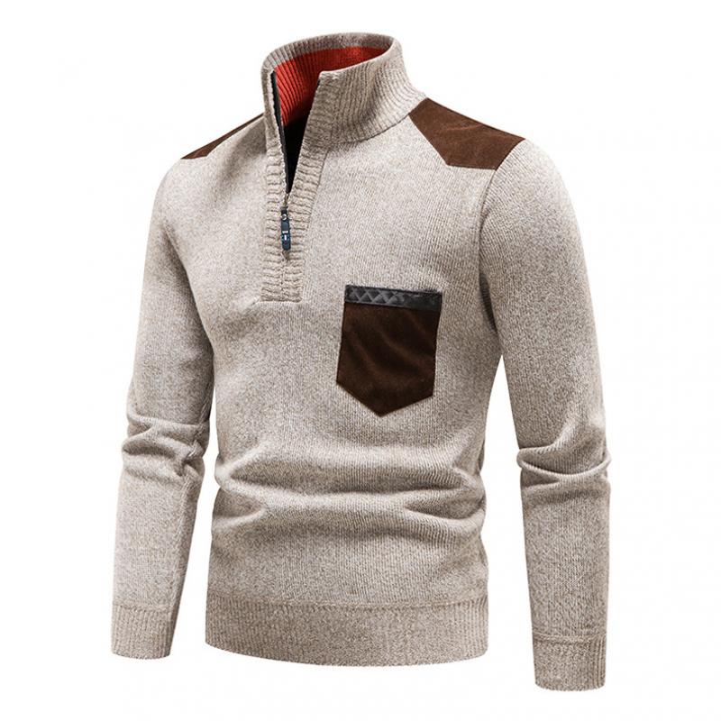 Winter Men Stand Collar Sweater Men Patchwork Knitwear Jumpers Slim Fit Brown Knitted Sweater Male Fleece Warm Pullover