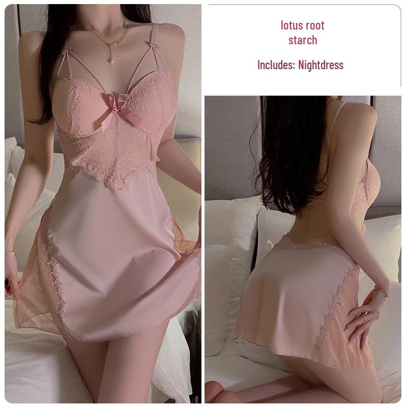 DZ Satin Lace Butterfly Decor Padded Underwire Backless Sexy Nightgown Robe Set 2044