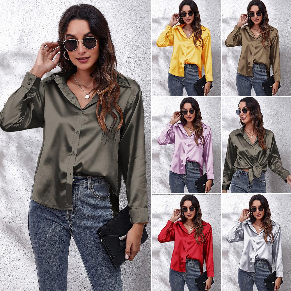 . Real Shot, Satin Shirt, Women's Satin Imitation Silk Long-sleeved Shirt, New European and American Women's Clothing