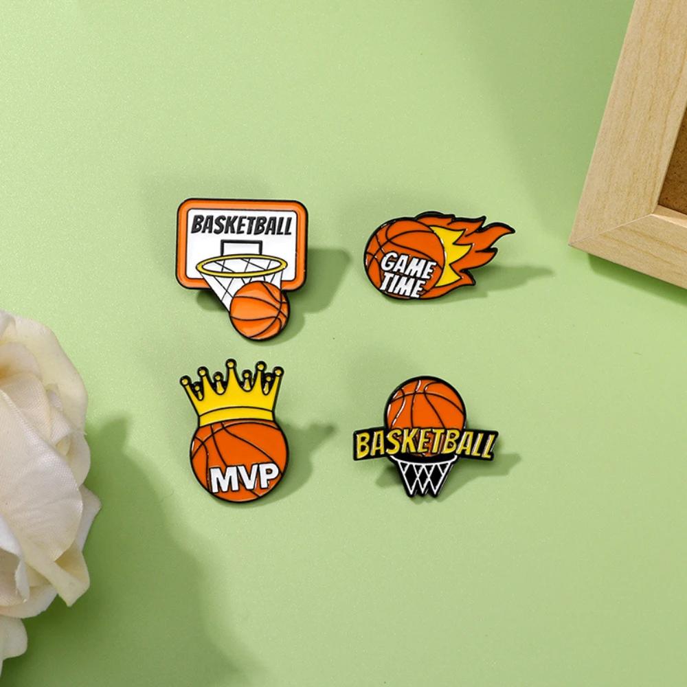 1pc Creative Basketball Enamel Brooch Flame Game Time MVP Crown Basketball Sport Metal Badge Punk Clothing Lapel Pins Jewelry