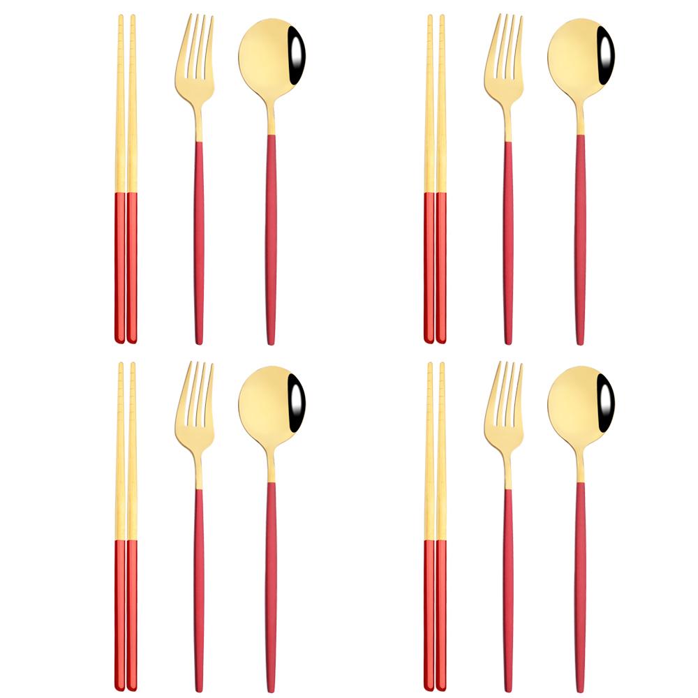 12dílná zlatá jídelní sada hůlky vidlička lžíce příborová sada vysoce kvalitní zrcadlová nerezová ocel příbory korejské nádobí
