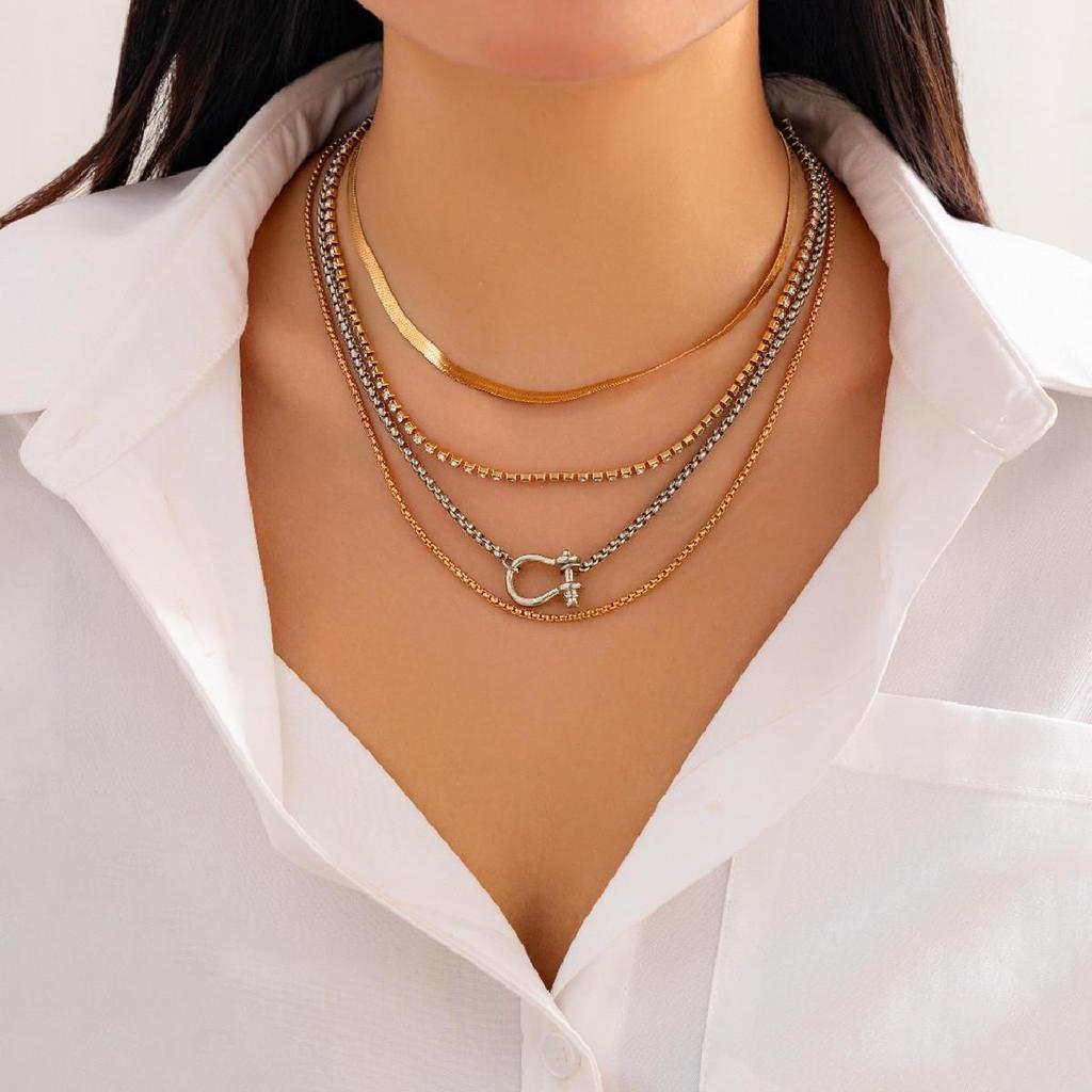European & American Hip-Hop Style Beaded Flat Snake Chain Necklace Set with Geometric Metal Clavicle Chains