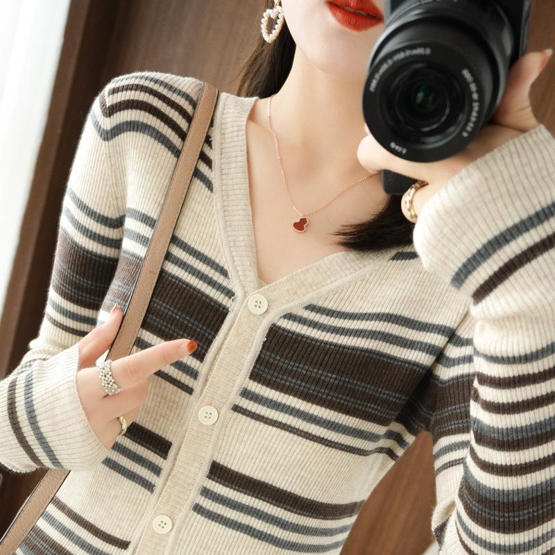 Women S Striped Knit V Neck Cardigan Long Sleeve Casual Outerwear