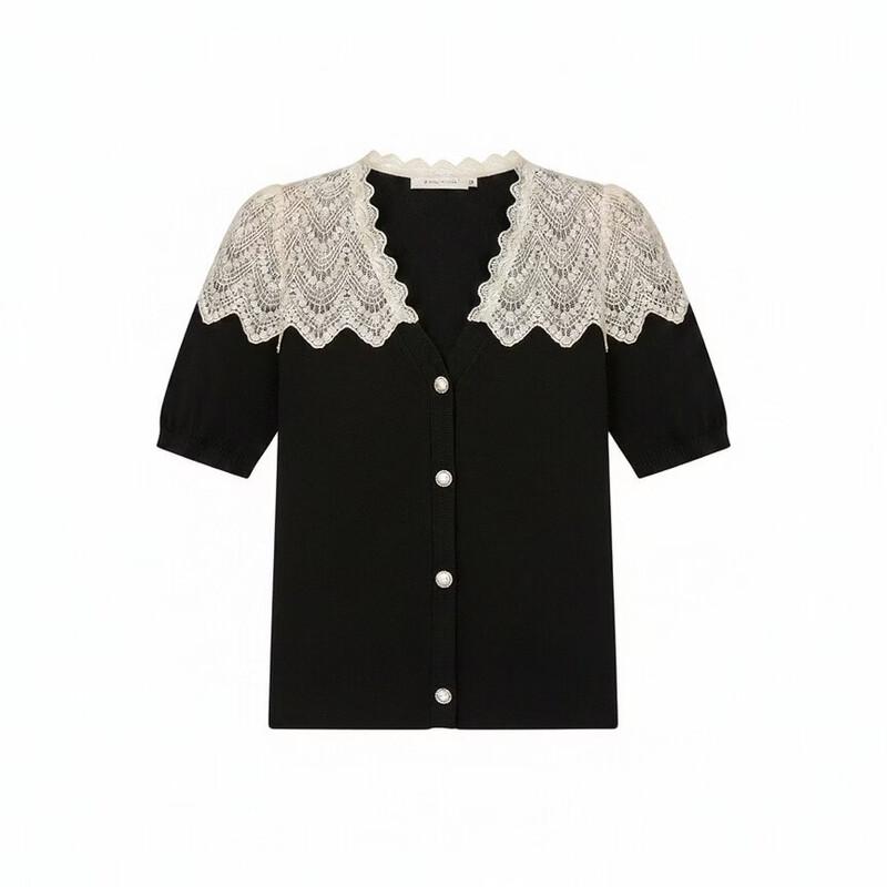 Women s Elegant Retro Lace V-Neck Knit Top L