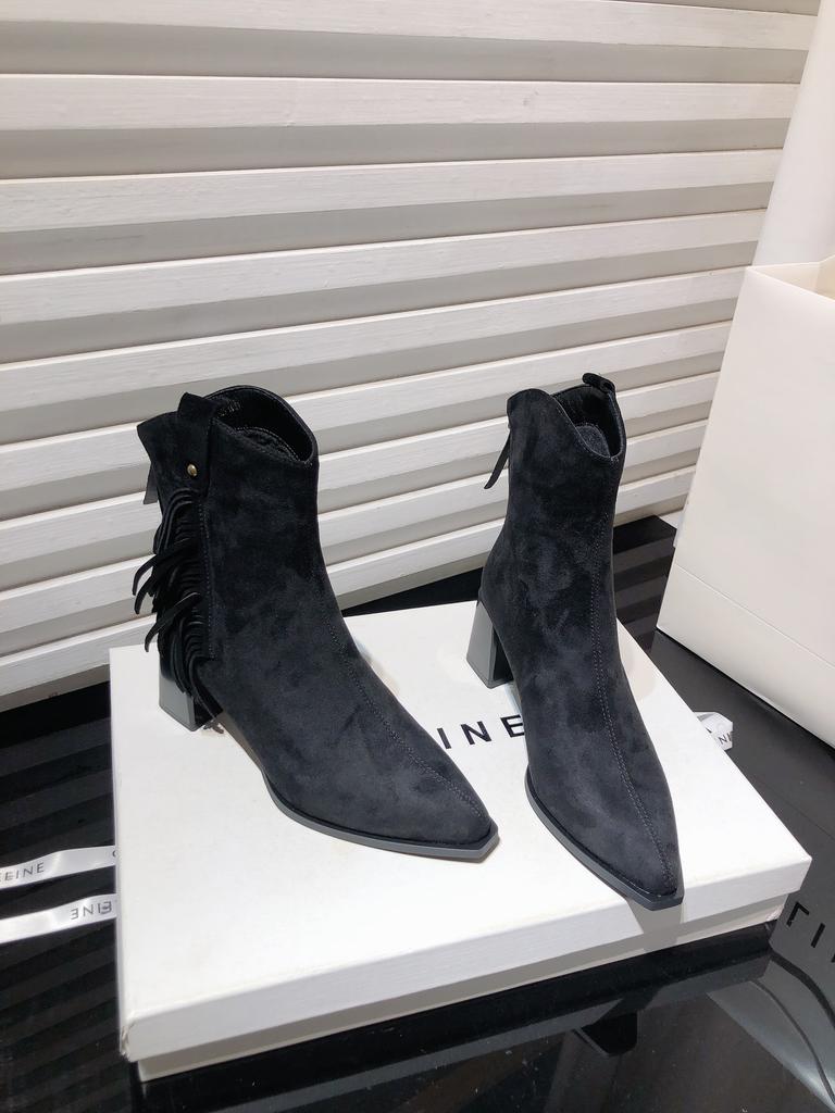 Yueyu 2025 new retro thick heel Martin boots women's pointed suede medium heel short boots fringed boots western cowboy boots