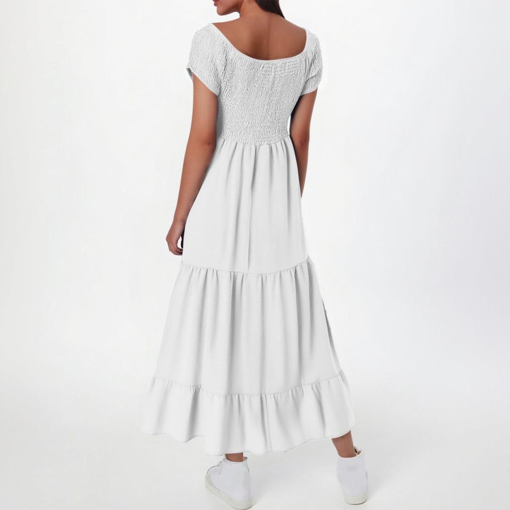 Women's Fashionable Color Pleated Short Sleeved Large Hem Dress