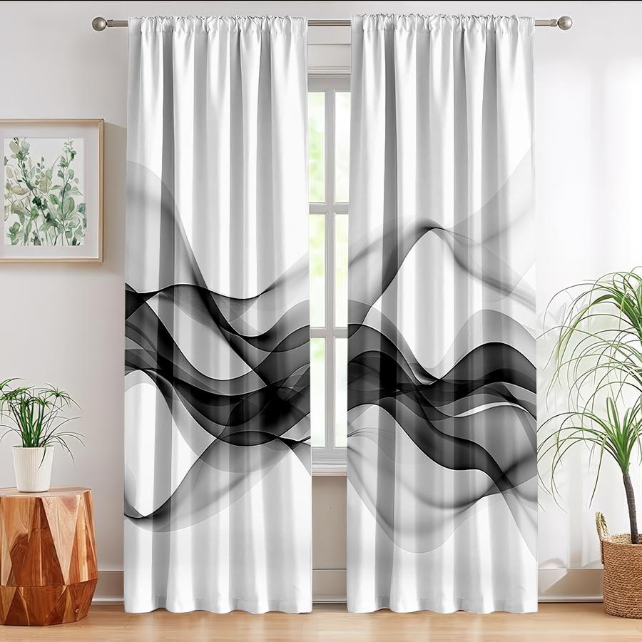 Black White Gradient Wavy Curtain Minimalist Style Living Room Bedroom Pull Window Decoration Set Of 2 Modern Made Polyester With Rod Pocket Washable