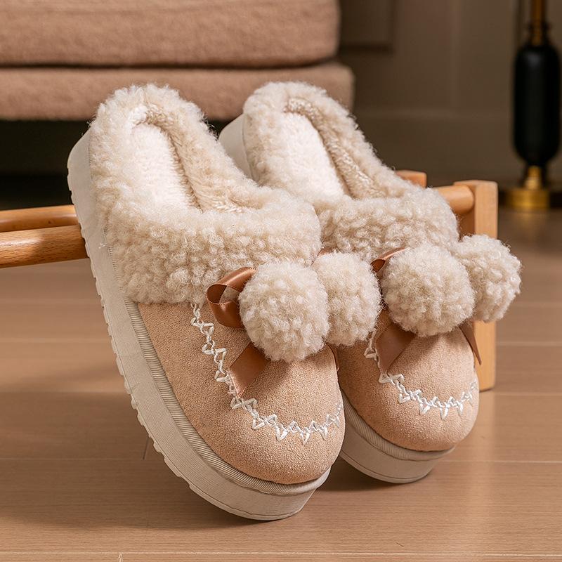 Fluffy Pom-pom Cotton Slippers Women's Winter Indoor Home Non-slip Thick Bottom Velvet Warm Outer Wear Cute Cotton Drag Women's Models