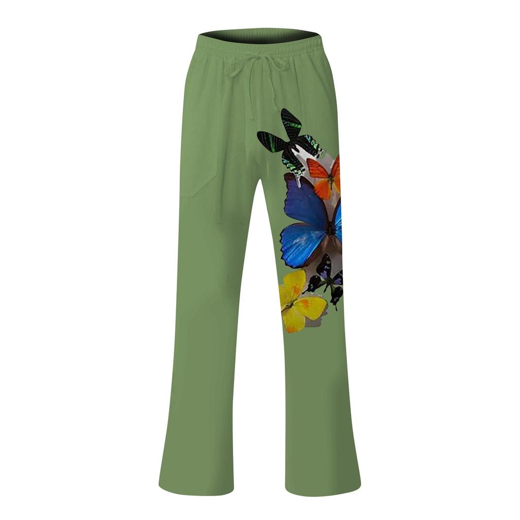 Men's Loose Casual Color Cotton Linen Trousers Elastic Tie Printed Straight Pants