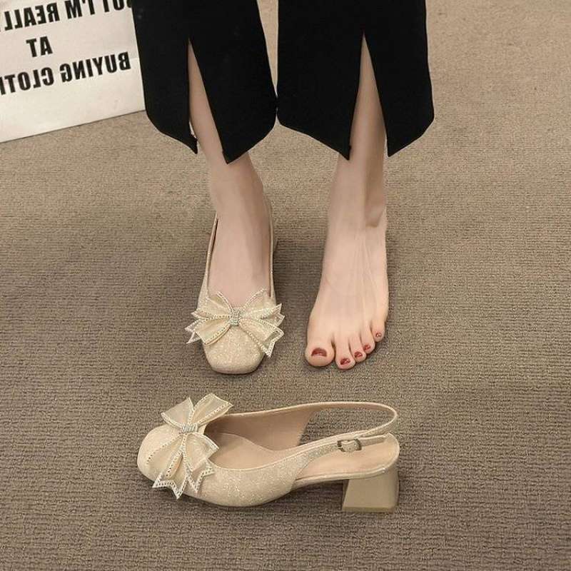 Square head bow single shoes women's shoes spring and summer 2025 new fairy versatile gentle bag head sandals