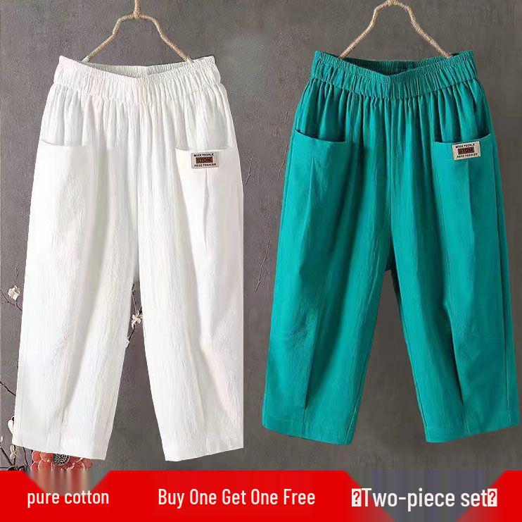 Women's Cotton & Linen Summer Cropped Trousers - Loose, Elastic Waist, Large Size, Slim Harem, Versatile Casual Pants