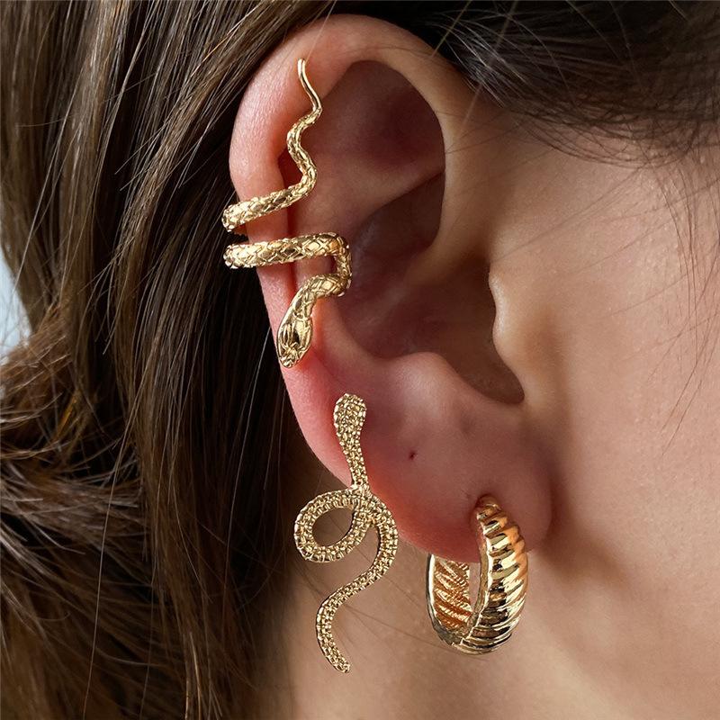 3pcs/set Women Stud Earrings Set Copper Color Snake Shape Earrings European Hiphop Style Earrings Personality Ear Zircon