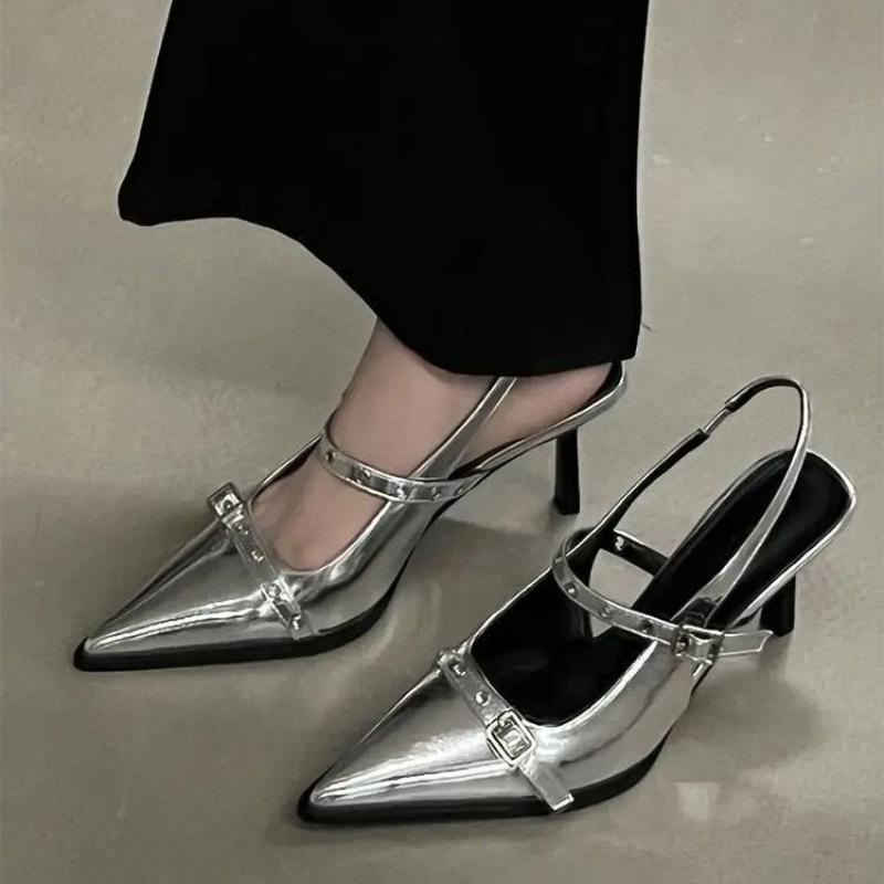 Fashion Women's Silver Buckle Slingback High Heels Pointed 2024 Summer Thin Heel Leather Shoes for Woman Elegant Party Mary Jane Pumps