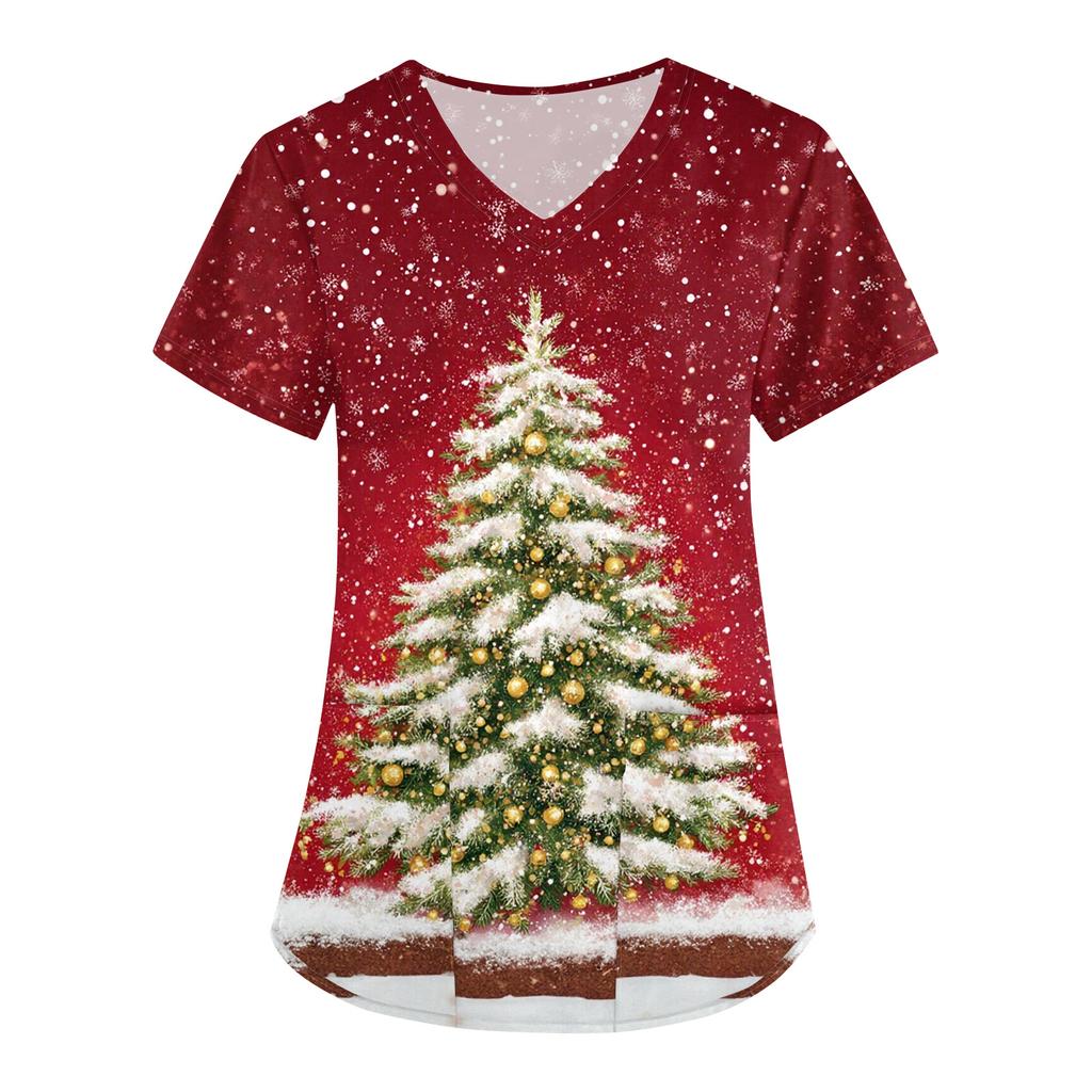 Women's Fashion V-Neck Short Sleeve Overalls With Pockets Christmas Printed Tops  Clothes