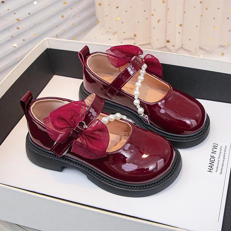 New Girls Party Dresses Mary Jane Shoes Sweet Bowknot Children's Leather Shoes Elegant Kids Fashion Causal Shoes Wine Red Trend