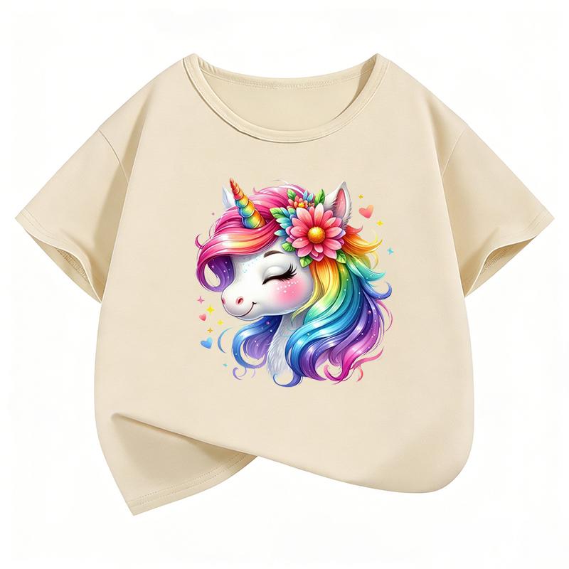 Fashion Horse with Rainbow Design TShirt Printed T Shirt Girls Summer Clothes Short Sleeve Tops TShirts Cute Girls Clothing 110