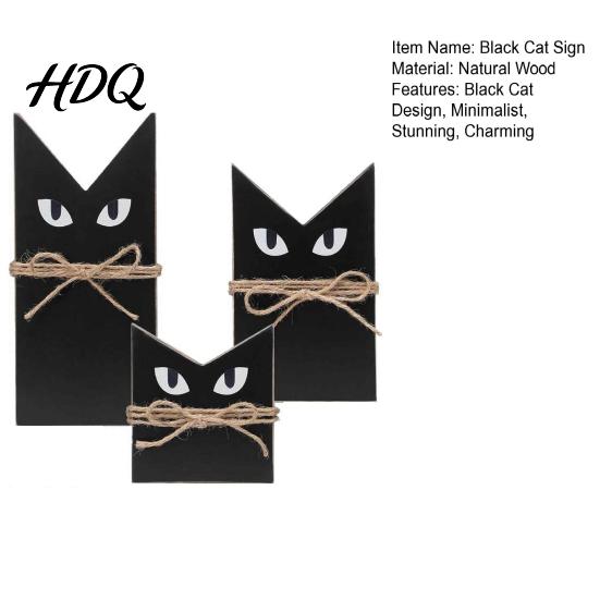 Indoor Party Ornament 3 Pcs Halloween Black Cat Wooden Block Sign, Vintage Table Decoration Rustic Farmhouse with Burlap Rope, Tiered Tray Centerpiece