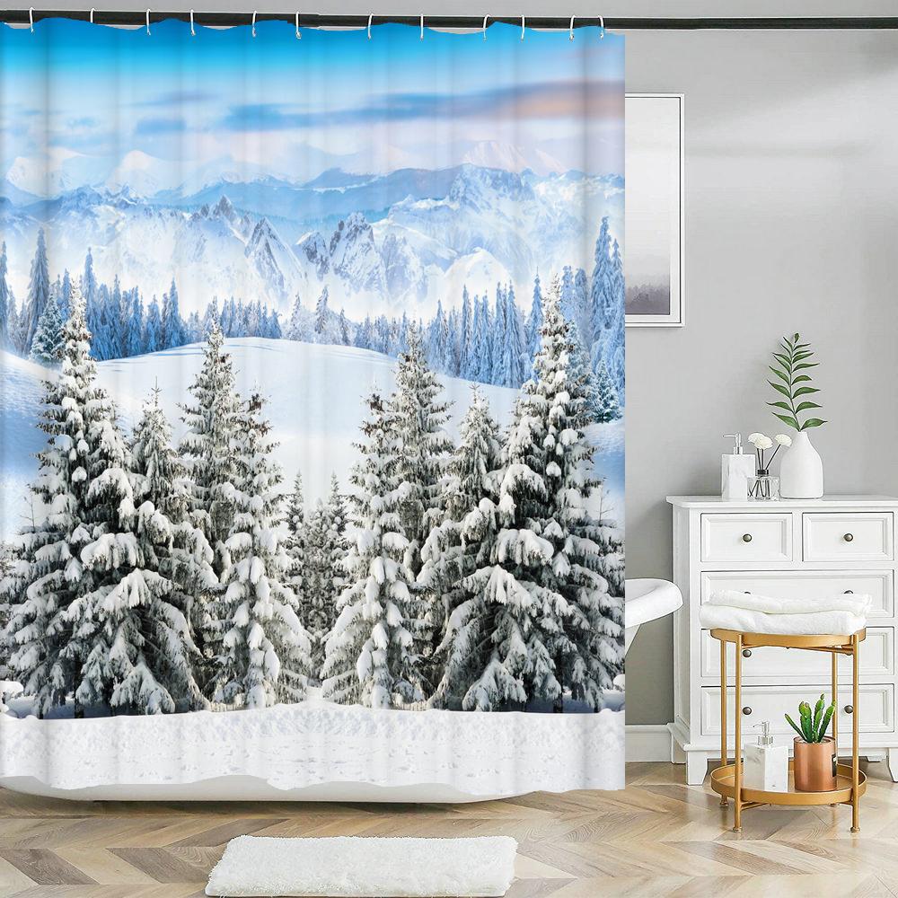 Snow Cedar Landscape Christmas Bathroom Shower Curtain Set Waterproof Bathtub Curtains Toilet Cover Mat Non Slip Rug Set