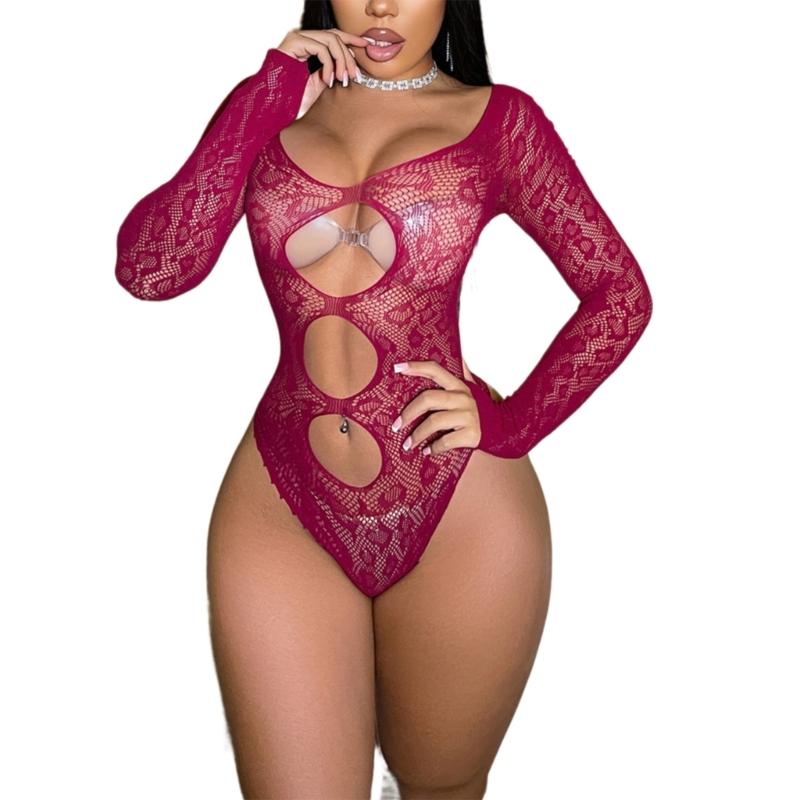 Damski Monokini z Długim Rękawem i Wycięciami z Siateczki Fishnet, Bez Pleców, Prześwitujące Siatkowe Body, Rajstopy Bielizna Piżama Ubrania Klubowe