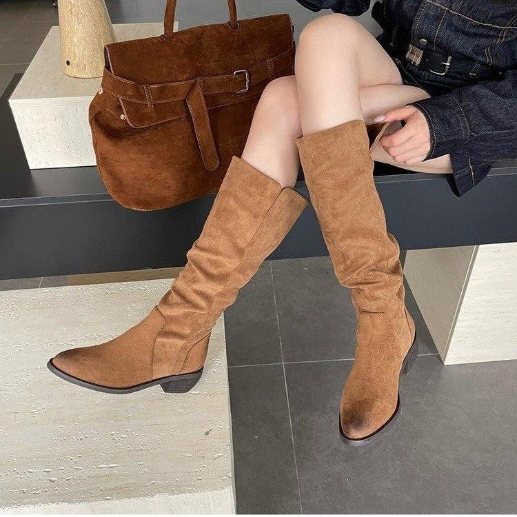 Fashion Retro Pleated Suede Long Boots for Women. 2025 Winter Fashion Chunky Stiletto Sexy Boots. Large Size Versatile Women's Boots.