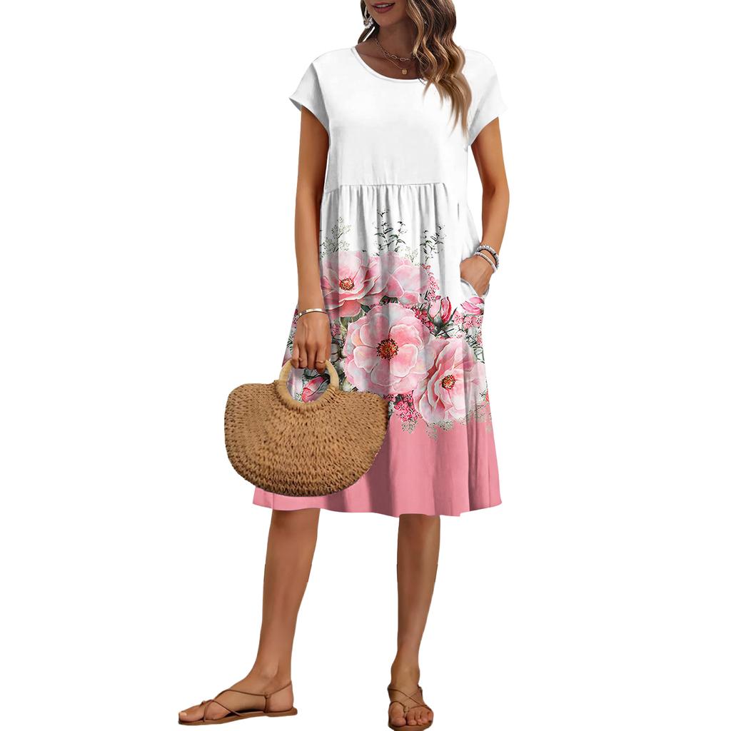 Women's Summer Fashion Casual Round Neck Short Sleeve Floral Print Dress
