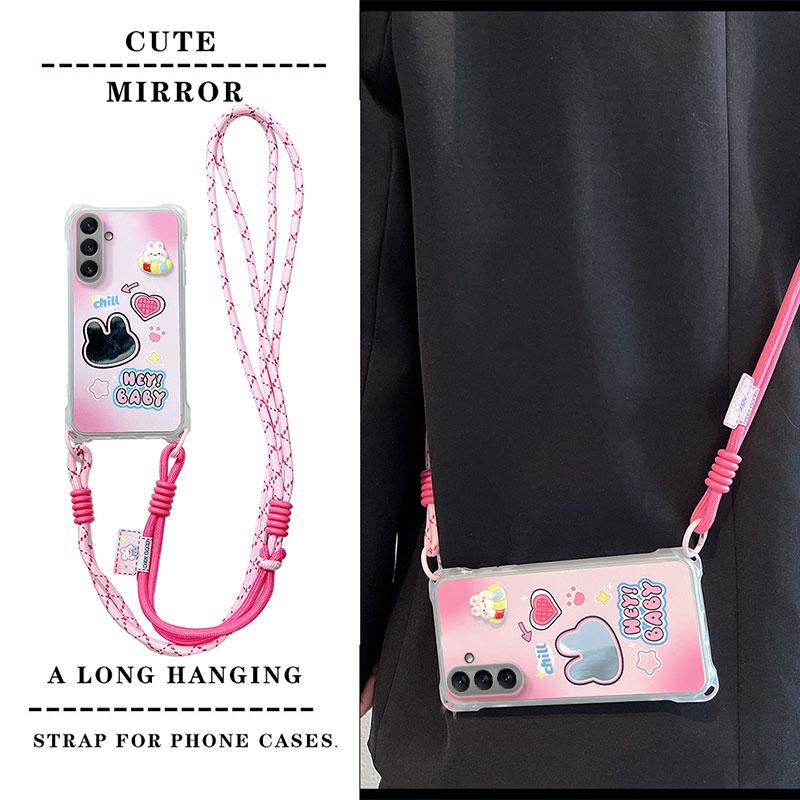 KEYSION Crossbody Strap Phone Case for Samsung A55 5G A35 A25 A15 LTE Cute Cartoon Long Lanyard Mirror Shockproof Cover for Galaxy A05S