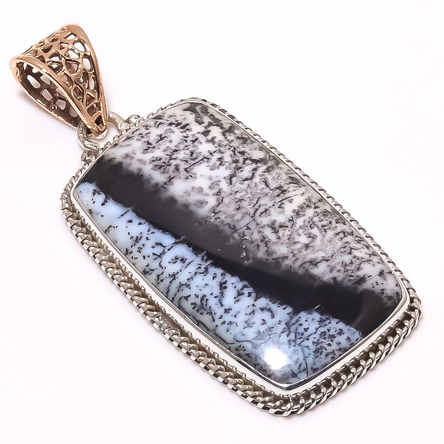 Natural Dendrite Opal Gemstone 925 Sterling Silver Two Tone Pendant 2.05" S5p66