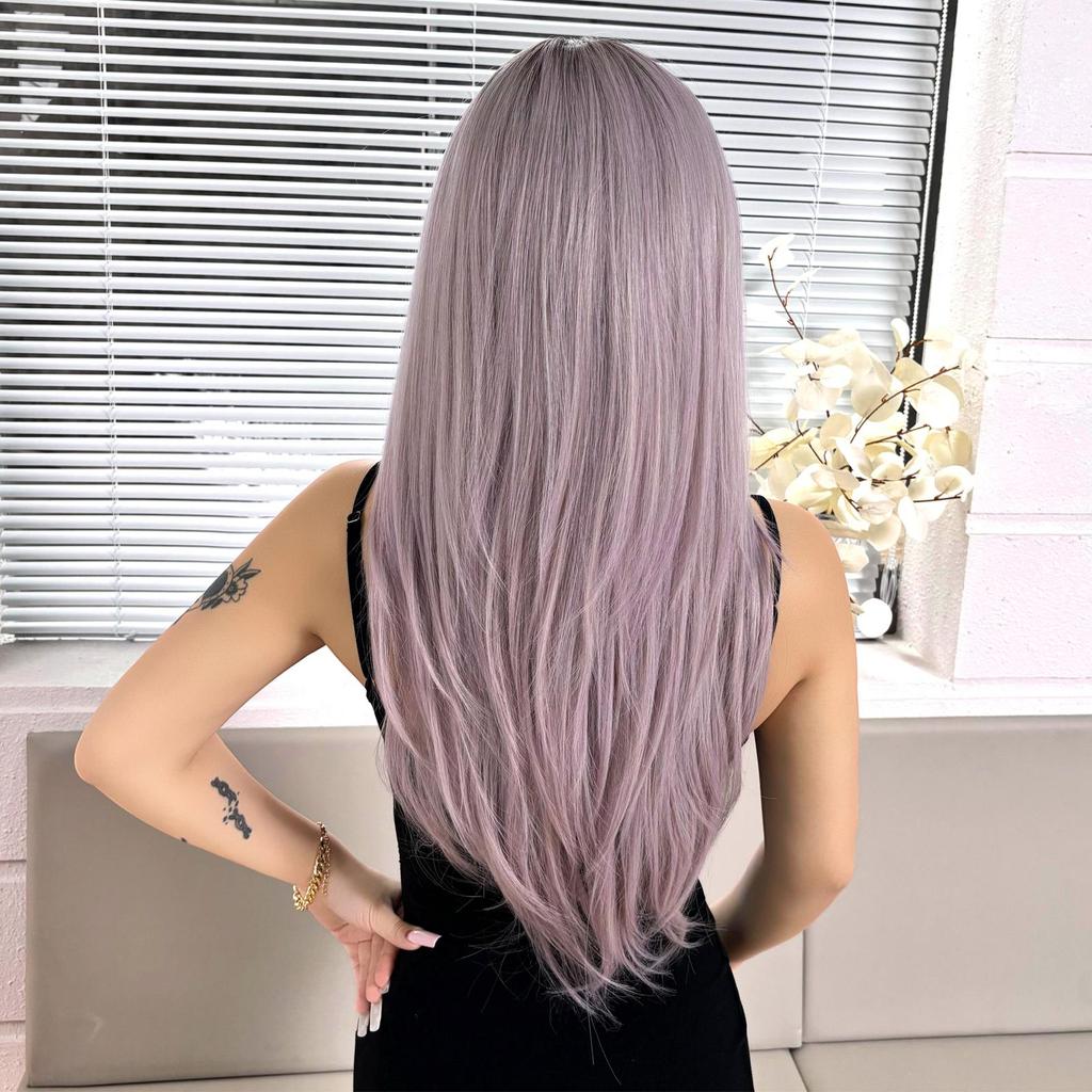 ALAN EATON Lilafarbene Kunsthaarperücken mit Pony, lange, glatte Perücke, seidenweiches blondes Haar, hitzebeständige Perücke, natürliches Aussehen