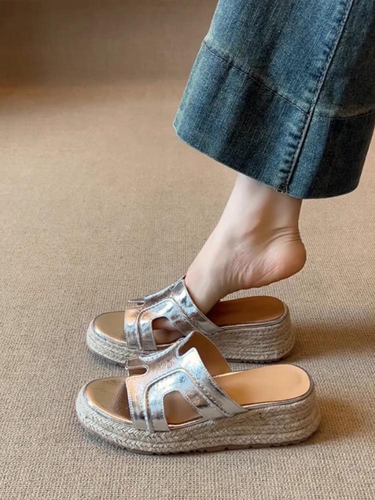 Sheepskin Version~ Genuine Leather Ruth Thick-soled One-word Slippers for Women's Summer Wear Straw-woven Muffin Shoes, High-heeled Cool Slippers