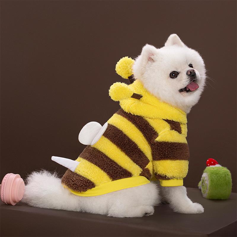 Animal Pet Onesies for Small Dogs - Bee & Dinosaur Fluffy Hooded Puppy Clothing (Warm Costume Outfits)
