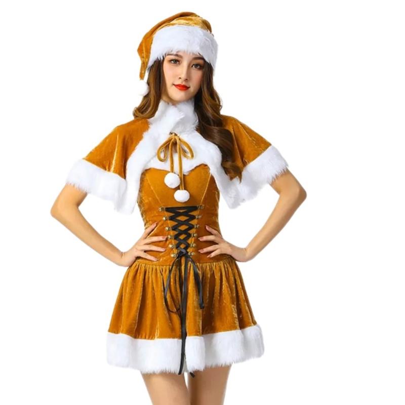 Christmas Costume Accessories Set with Christmas Dress Christmas Hat and Shawl Women Christmas Santa Dress up Outfits
