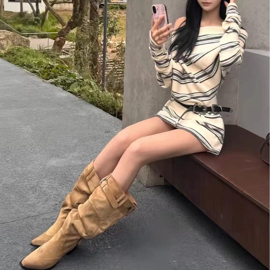 2025 Autumn and Winter New High-heeled Boots Women's Pointed Head Thick Heel European and American Elastic Big Tube Circumference Tall Knight Stack