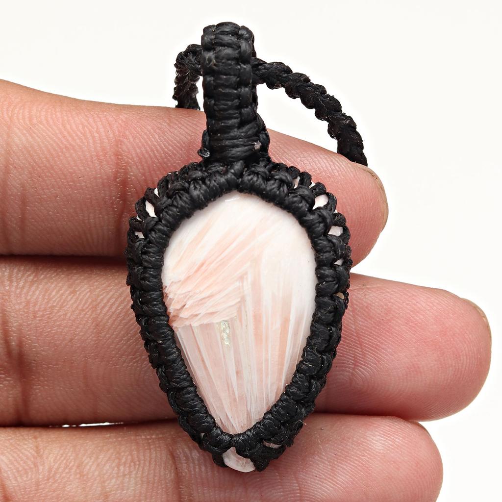 Macrame Scolecite Necklace Pendant Stone Thread Gemstone Handmade Jewelry