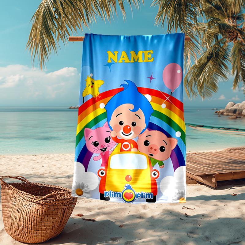 Custom Name Ultra-Soft Beach Towel with Plim Plim Theme,Ideal for Pool - Camping, Diving - Perfect Travel Essential, Vibrant Beach Towel.