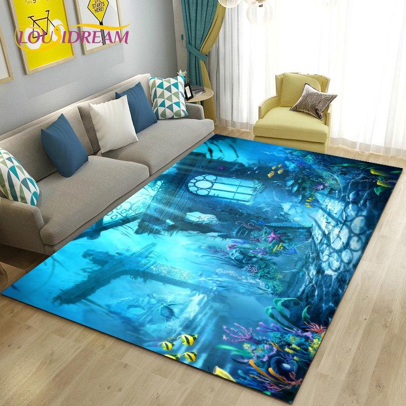 3D-Illusion Unterwasserwelt Meeresboden Delfin Hai Teppich, Teppich für Wohnzimmer Schlafzimmer Sofa Fußmatte Rutschfeste Bodenmatte