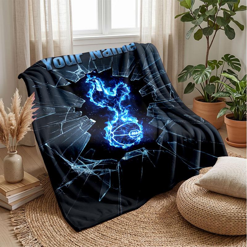 Tottenham Hotspur FC Custom Name Text Flannel Blanket Soccer Logo Personalized Fleece Throw Blanket Special Gift For Sofa Bedroom Home