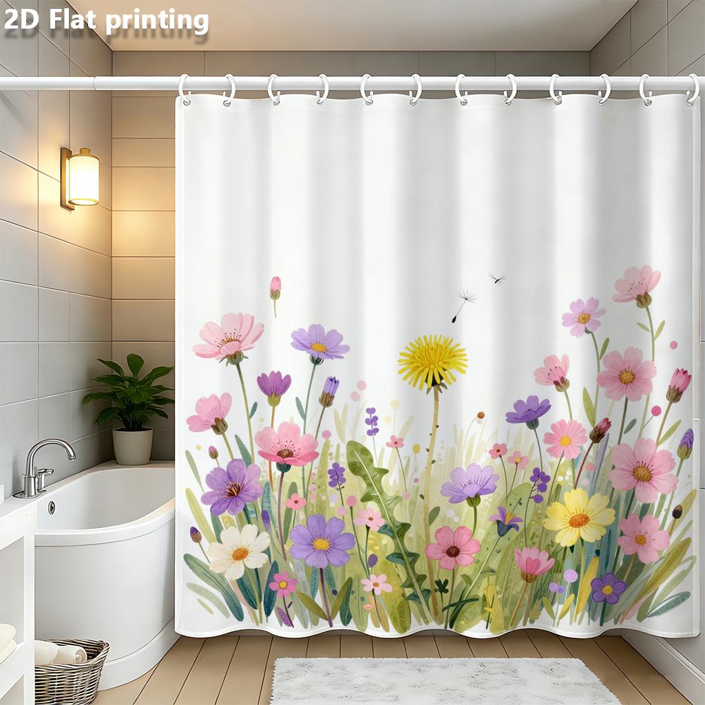

Watercolor Wildflower Shower Curtain 1Pc Polyester 2D Flat Print 70.8X70.8 Pink Purple Yellow Dandelion Meadow Bloom W60H190(CM)-1 Pcs