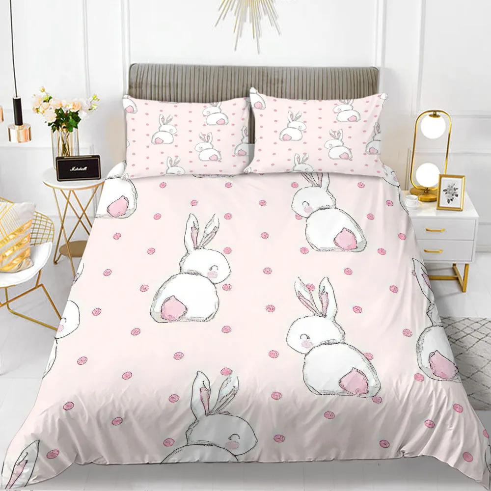 Rabbit Duvet Cover Set Cartoon Animals Theme 3D Print Kawaii Cute Pink King Queen Size For Boy Girls Women Polyester Bedding Set