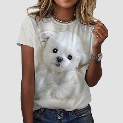 Modaya Uygun Kadın Sevimli Köpek Baskılı Tişört Eğlenceli Günlük O Yaka Kısa Kollu Tişört Yazlık Kadın Tişörtü