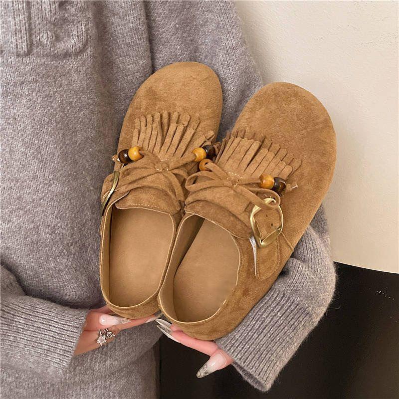 New Autumn Versatile Platform Beaded Tassel Boken Beanie Shoes Single Shoes All-inclusive Boken Shoes Women