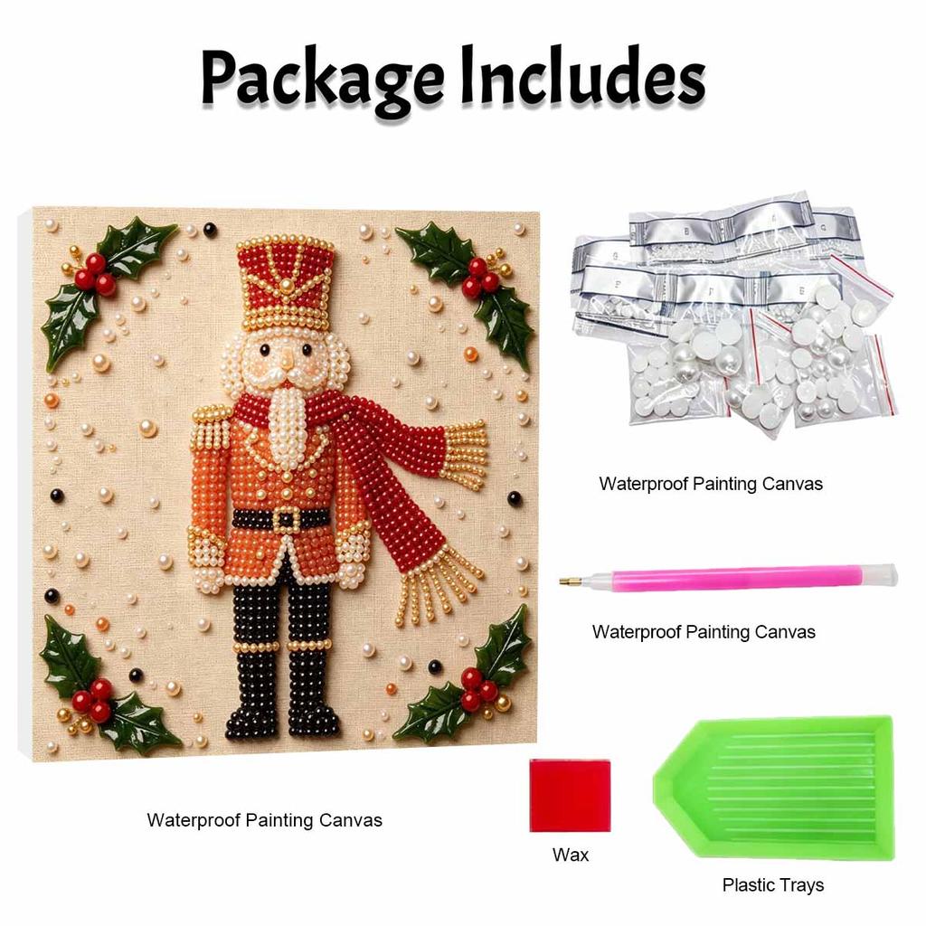 Framed Pearl Art DIY Kit with Christmas Nutcracker Holly Pattern 3D Sparkling Bead Canvas Painting Handmade Gift for Home Decoration Wall Decor